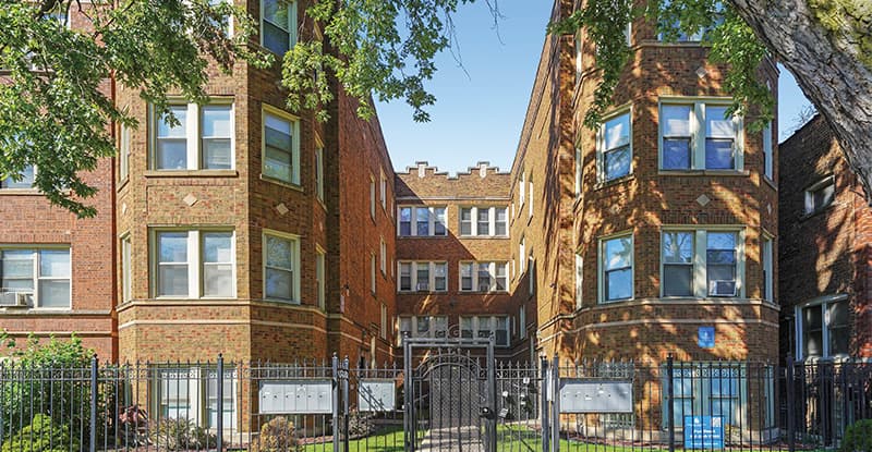 Brick multifamily buildings in an established urban neighborhood