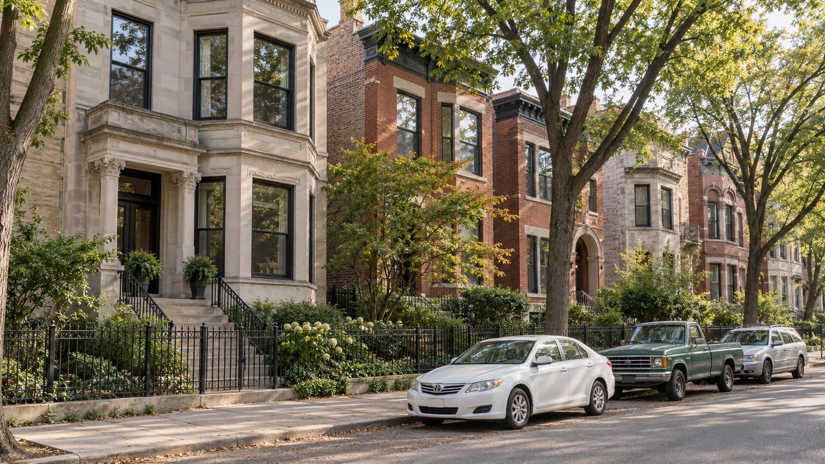 Greystone and brick buildings on a tree-lined street