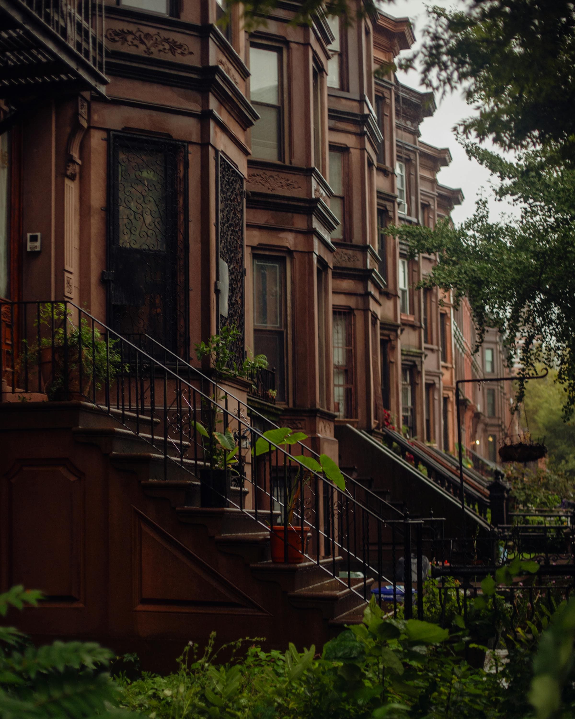 Classic brick brownstone apartment stoops