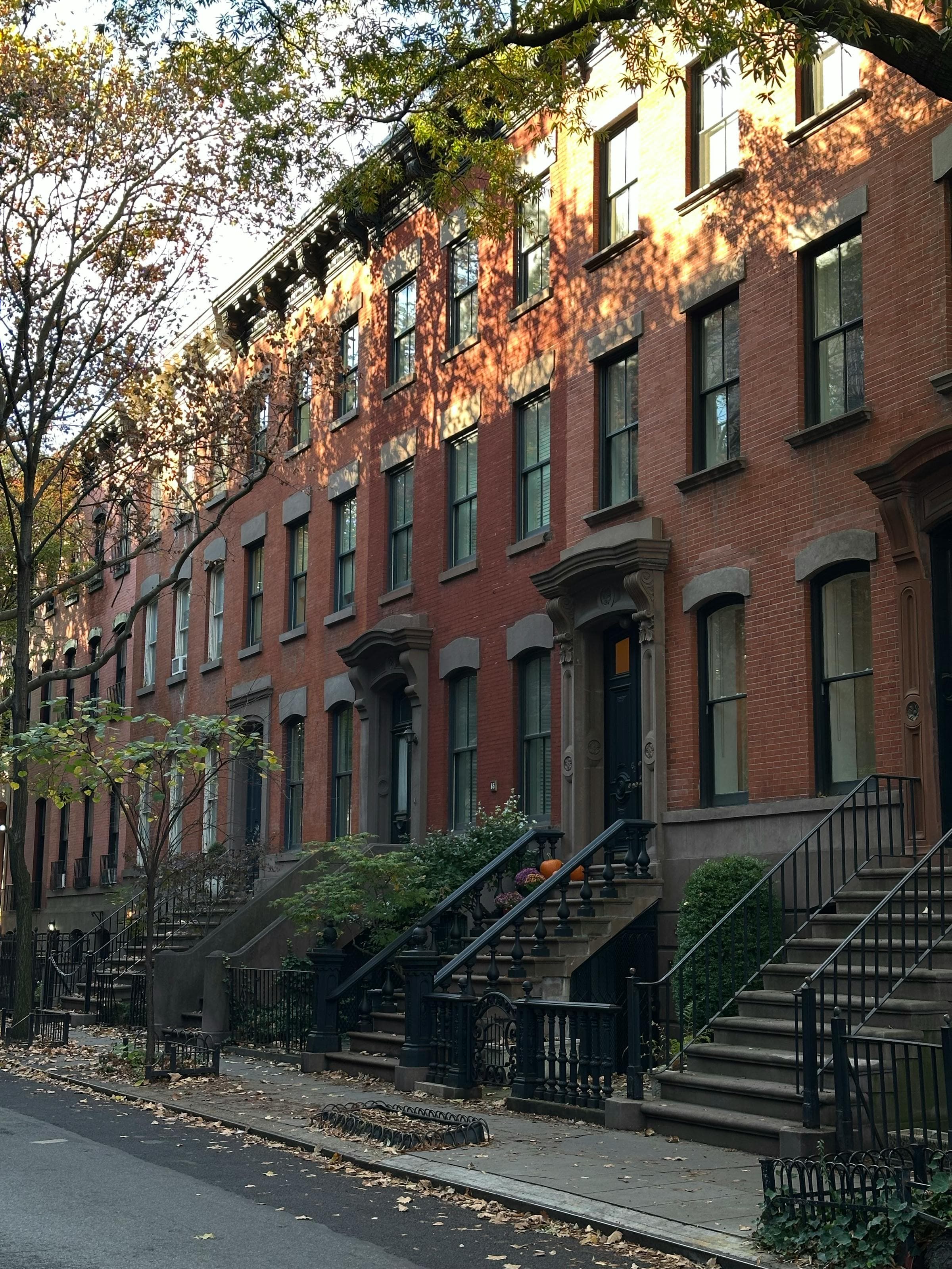 Sunlit brick brownstones on a tree-lined street